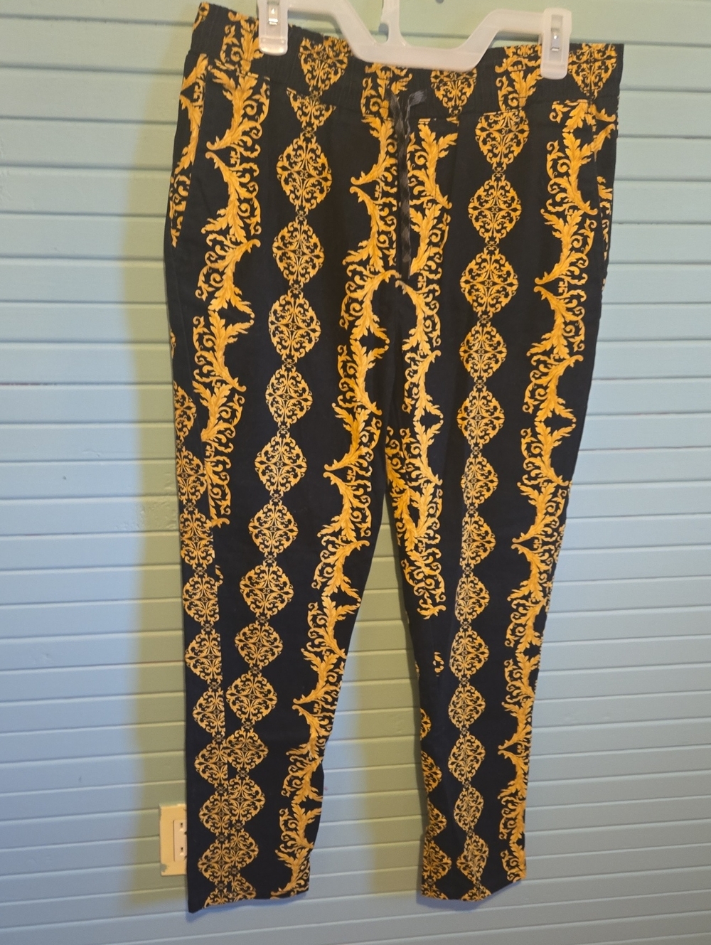 Women's Black Pants with Gold Baroque Print